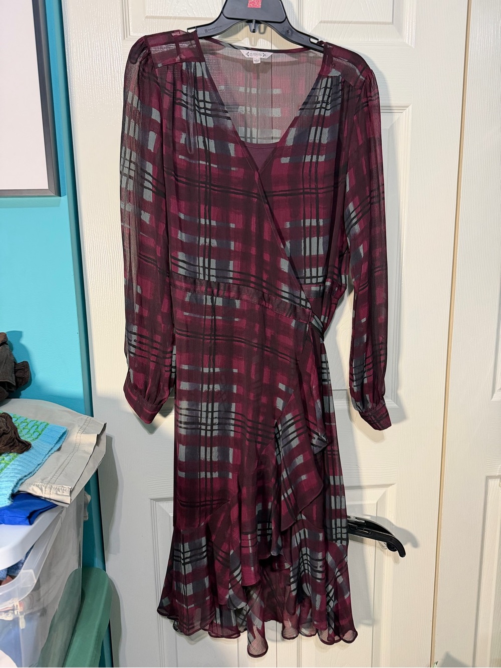 Nanette Lepore Sheer Plaid Wrap Dress in Burgundy